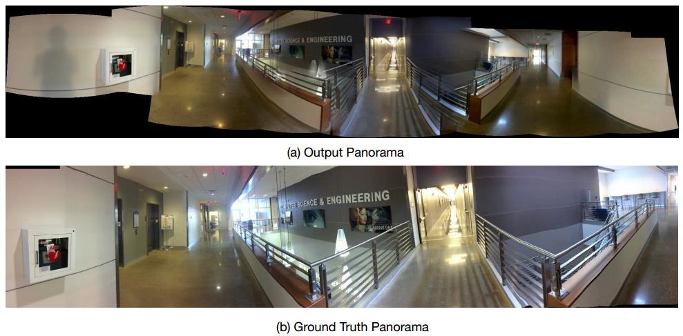 Figure: Quality comparison between the crowdsourced panorama (a) and the ground truth panorama (b). Chen et al.