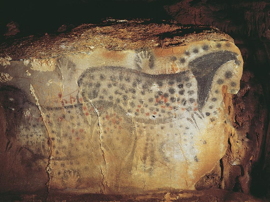 Paleolithic Art Figure 1-10 Spotted horses and negative hand imprints, wall painting in the cave at Pech-Merle, Lot, France, ca. 22,000 BCE. Approx. 11 2 long.