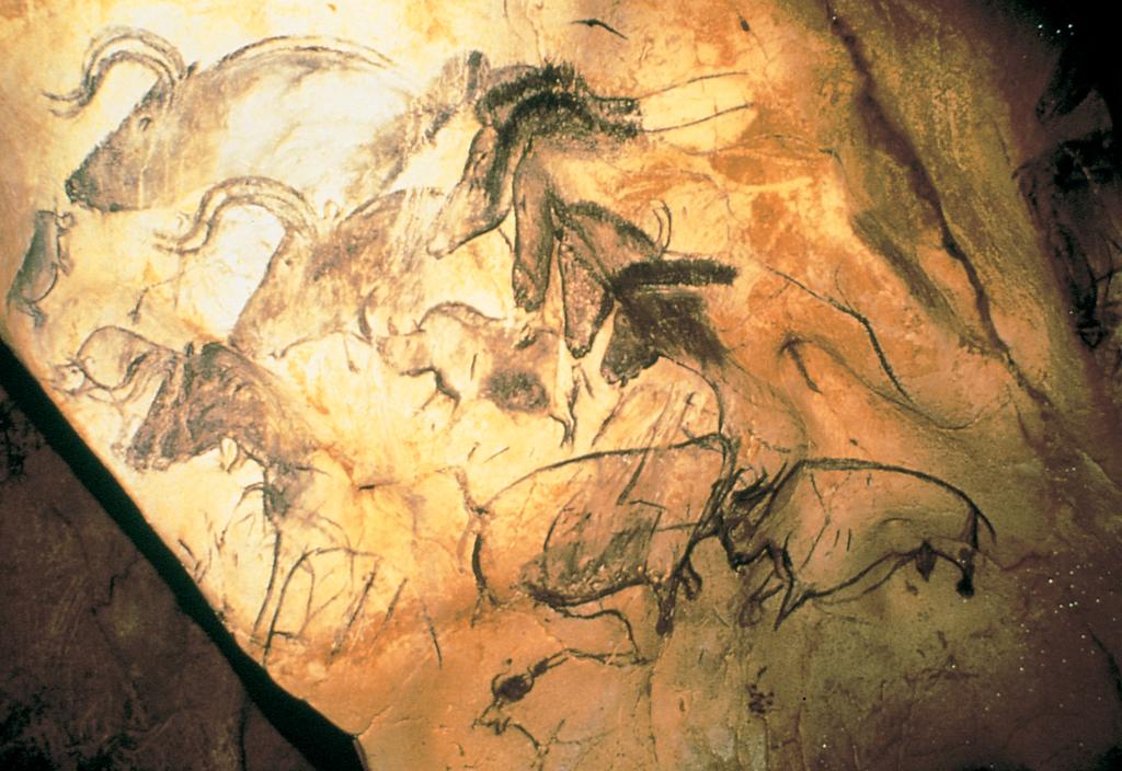 Paleolithic Art Figure 1-12 Aurochs, horses, and rhinoceroses, wall painting in Chauvet Cave, Vallon-Pont-d Arc, Ardèche, France, ca. 30,000 28,000 or ca. 15,000 13,000 BCE. Approx. half life-size.