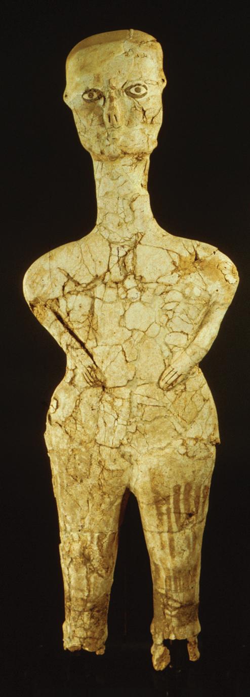 Neolithic Art Figure 1-15 Human figure, from Ain Ghazal, Jordan, ca. 6750 6250 BCE. Plaster, painted and inlaid with cowrie shell and bitumen (a tar-like substance), 3 5 3/8 high. Louvre, Paris.