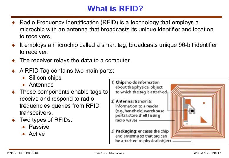 A Radio-Frequency IDentification system has three parts: A scanning antenna A transceiver with a decoder to interpret the data A transponder - the RFID tag - that has been programmed with information.