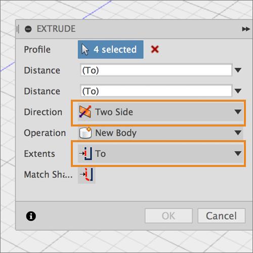Step 3: Define the extrude options in the Extrude dialog box 1. Set Direction to Two Side. 2. Set Extents to To.