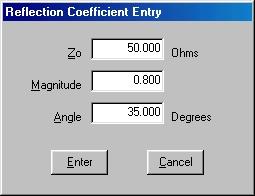 Reflection Coefficient Entry --- This work sheet provides data entry in terms of transmission line characteristic impedance, magnitude and phase angle. The shortcut key for this worksheet is F3.