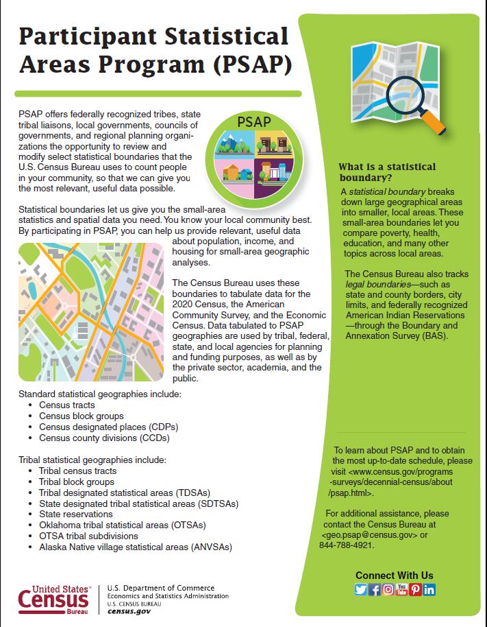 2020 Participant Statistical Areas Program (PSAP) An opportunity for designated representatives to review and update statistical geographies for 2020 Census data tabulation.