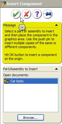 Browsing for Part Files: When you select browse Solidworks will automatically direct you to the last folder you saved work into, in this case From this folder select the Car body file as shown and