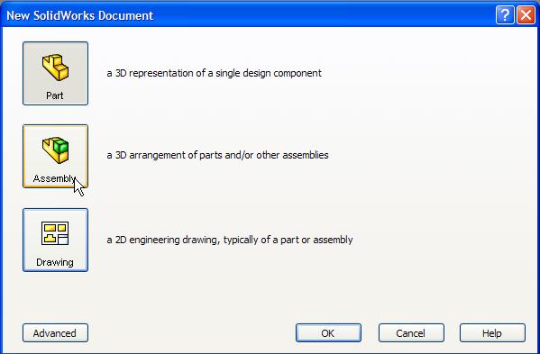 Assembly: Assemblies are used to assemble or join two or more Solidworks Part files. Opening Assembly Files: Select File and New from the toolbar at the top left hand Corner of the Solidworks Screen.