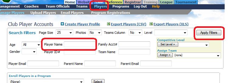 2) Click on the Apply Filters button 3) If the player appears in the table,
