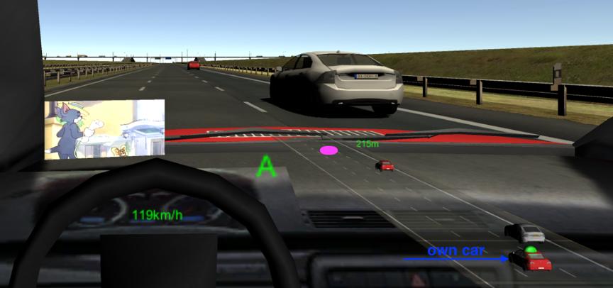 Work-in-Progress Figure 1: VR Cockpit with digital twin and representation of the own car. Video task as used in the study near the A-Pillar. Figure 2: Pre-Warning of accident on own lane.