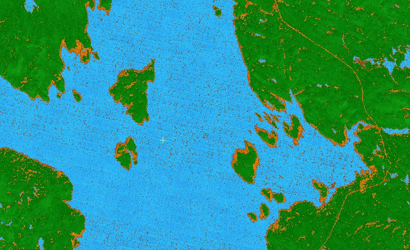 127 Figure 13. Subset of NDVI, showing an area of Manicouagan Reservoir and the single road traversing the image. Vegetation was found to have DN ranges of 140 to 200.