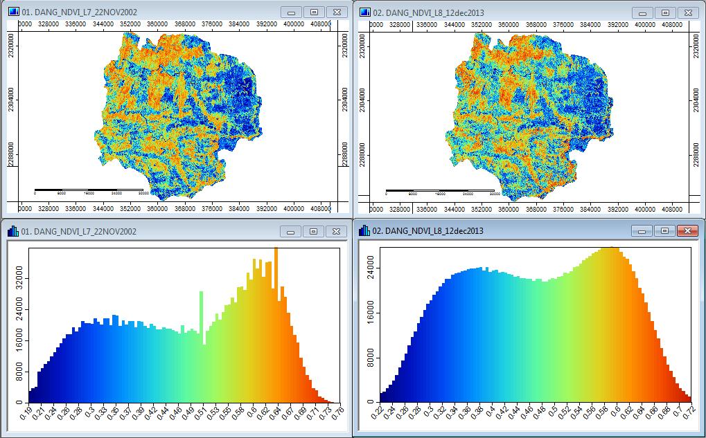 V. Spatiotemporal change detection Inorder to quantify the spatiotemporal changes in vegetation cover in the Dangs district, we will classify both NDVI images of 2002 and 2013 into four similar