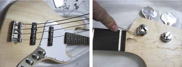 Setting up Fitting strings to the bass guitar is achieved by threading from the bridge, emerging through the relevant saddle on the bridge.