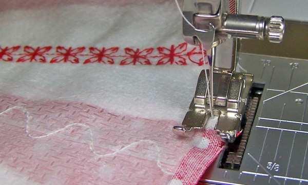 Install a Patchwork foot and move the needle 1 position to the left. Use a straight stitch and set the stitch length to 3.0.