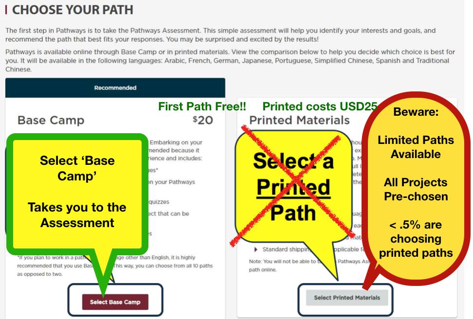 On the Choose Your Path screen, click Select Base Camp to select a path.