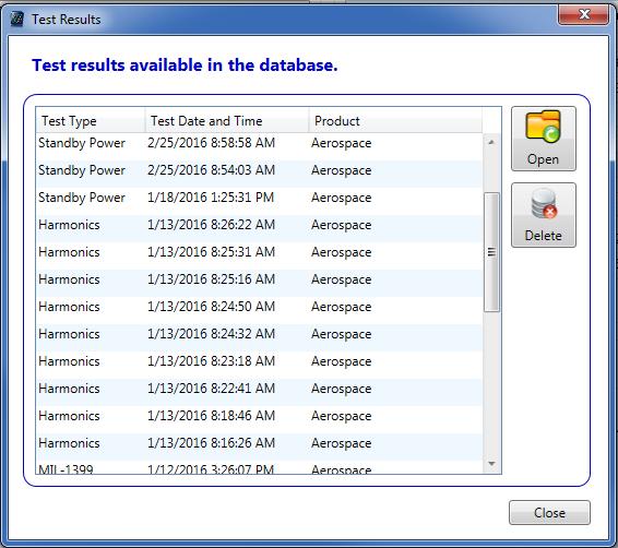 Results Test results Test results Click the Test button in the Results tab to open the Test Results as shown below. The list box shows a list of all available test results from the database.