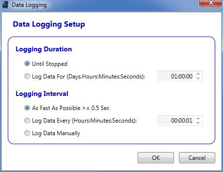 Measure Record If Log Data Manually is selected, a log button appears on the status bar when the data logging has started.