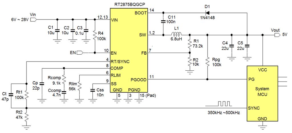 converter won t start or will malfunction with RT/SYNC temporary shorted to ground. To solve this problem, the circuit configuration as shown in figure 44 is recommended.