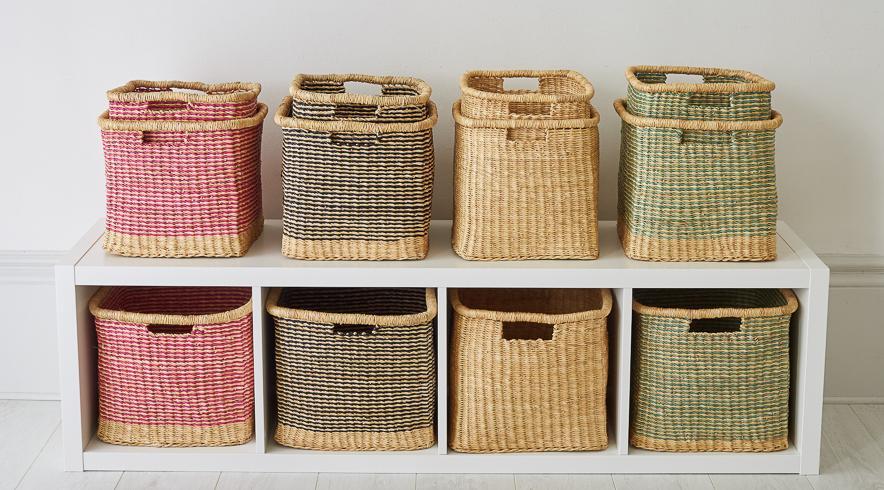 SQUARE AND RECTANGULAR STORAGE BASKETS (GHANA) Woven in Ghana from veta vera (the same grass used for the bicycle