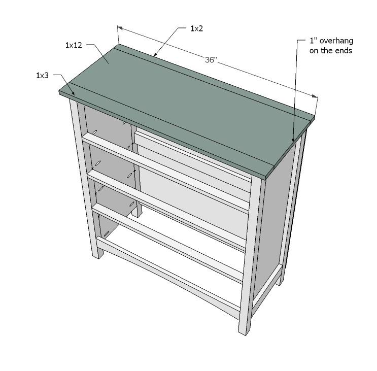 [25] Top. If you have a Kreg Jig, build your top as shown above using pocket holes, and then attach to the top of the dresser.
