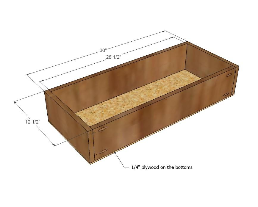 [26] Build drawer boxes as shown above. Tack plywood to bottom. Once drawer boxes are built, use drawer slides to install drawers in the dresser.