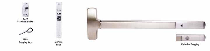 Falcon - Exits 25 M Series - Mortise Exit Device Hand: Field Reversible Strike: 1279 standards Latch bolt: Stainless steel, ¾ throw Deadlocking Latch bolt: Standard Dogging Feature: ½ hex turn, no