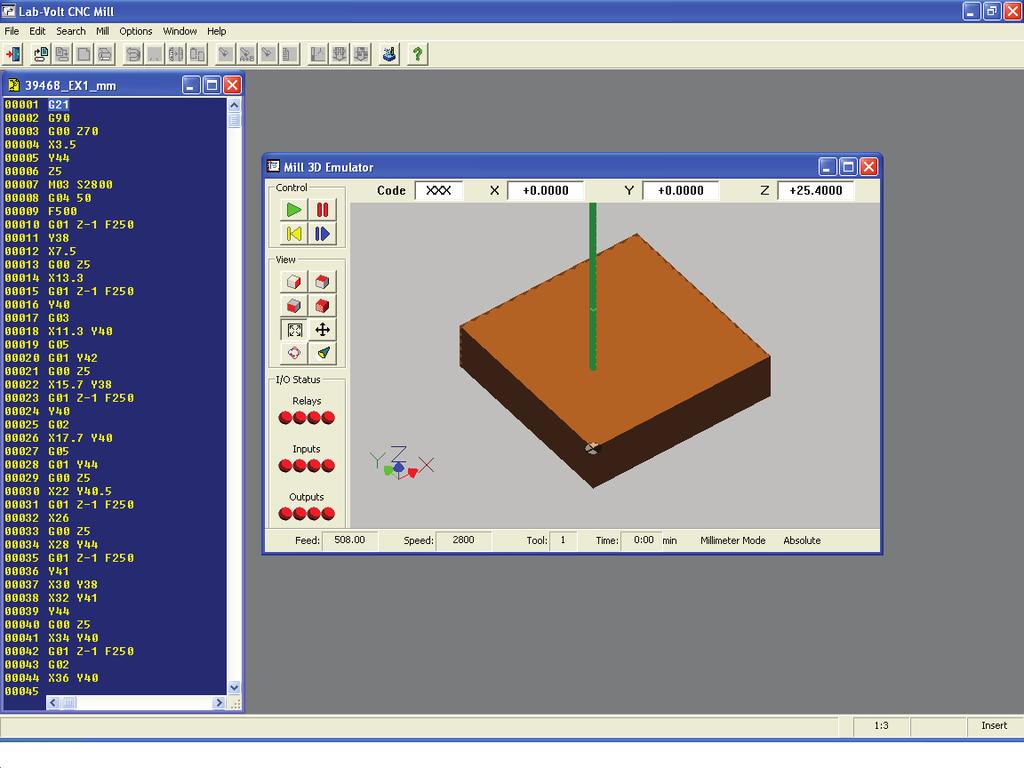 Figure 1-6. Line Editor and Mill 3D Emulator window. d. In the Mill 3D Emulator window, click on the Start Simulation button of the Control palette, which will start the part rendering process.