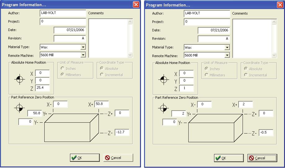 Click on the OK button to save your settings and close the Program Information... dialog box. Figure 1-3. Setting the home position of the cutting tool. G 8.