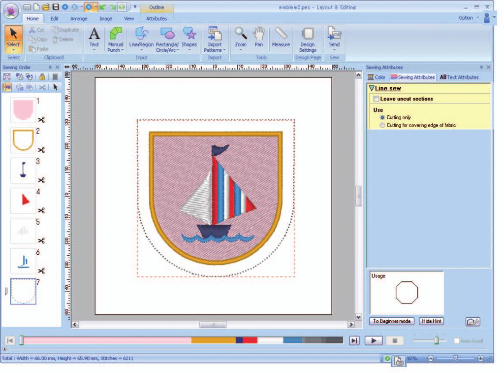 Getting Started Getting Started Layout & Editing Window Cutwork patterns, combining embroidery and cutting with cutwork needles, can be created using this software.
