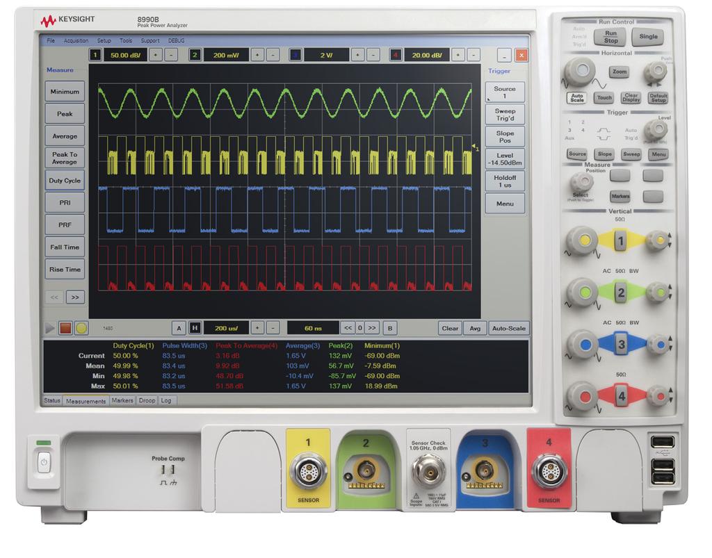 04 Keysight 8990B Peak Power Analyzer and N1923A/N1924A Wideband Power Sensors - Data Sheet 8990B Peak Power Analyzer Key Features Capture short radar pulses accurately with a 5 nanosecond overall