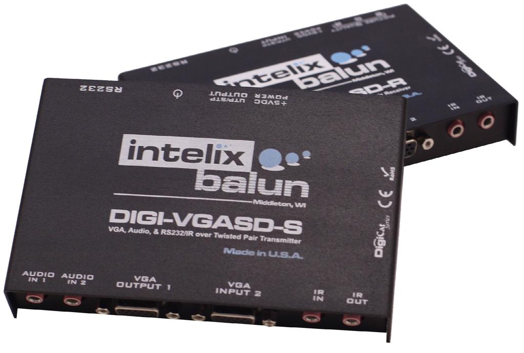 Intelix DIGI-VGASD-S Installation Manual Introduction The Intelix DIGI-VGASD-S active send balun transmits VGA video, stereo audio, and IR or RS232 up to 350 feet over a single twisted pair cable.