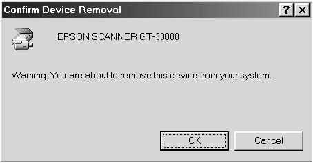 1. For Windows 98 and Millennium Edition users, click! EPSON GT-30000, then click Remove and OK. For Windows 2000 users, right-click! EPSON GT-30000, then select Uninstall and click OK.