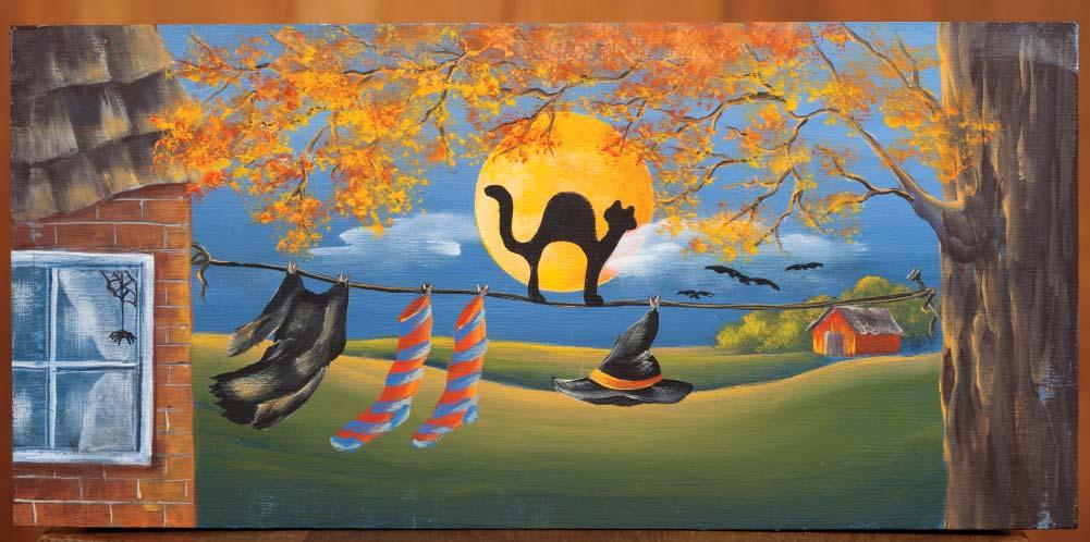 Tree and autumn leaves: Load a size 8 Shader with Soft Black, touching one brush corner in Orange Twist, paint the tree keeping highlights to one side.