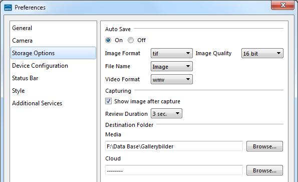 2.4 Storage Options: At Storage Options menu all related options for image format and storage can be adjusted. Auto Save Option Auto Save is activated as default.