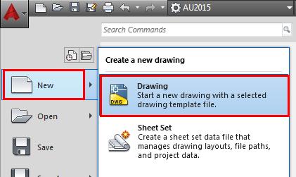 9. Start a new drawing by using the application menu (big red A) and selecting New > Drawing.