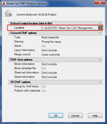 5. By setting the location of the pdf file AutoCAD will automatically set the same location for the DWF file.