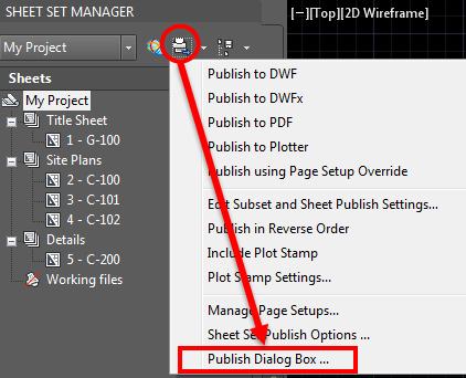 Appendix A: Using the Publish Dialog Box for printing your project We have published our project through the sheet set manager by right-clicking on the Sheet Set and using Page Setup overrides.