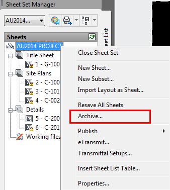 Appendix C: Archiving a Sheet Set Archiving drawing sets during a design project becomes a necessary task, especially when we have those unexpected changes and lock ups where we need to go back a