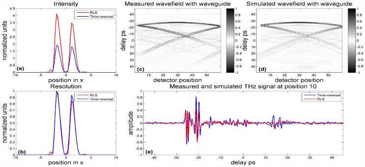 measured and simulated fields. Figure 4(e) shows the measured and forward-propagated RLSreconstructed THz waveform.