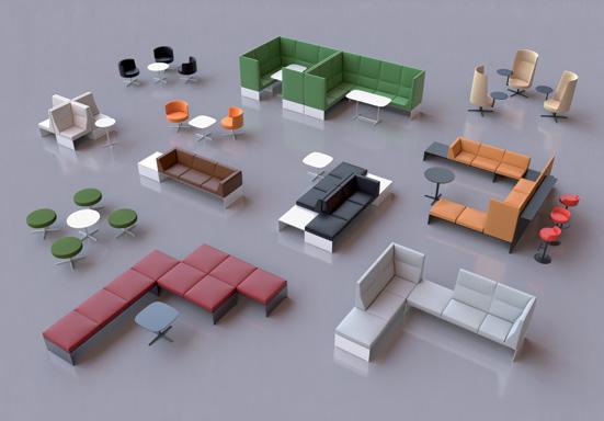 The collection consists of mobile furniture like easy chairs, ottoman, barstool, tables, modular bench system and cabins.