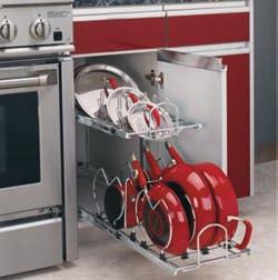Premium Retrofit Sliding Cabinet Shelf Systems Two-Tier Cookware Organizers The bottom tier features adjustable dividers to store a variety of larger pots and