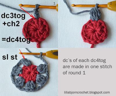 Rnd 3. Change to yarn C3. Attach yarn in any dc4tog of rnd 2. Work this rnd through both lps!