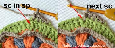 Rnd 7. Change to yarn C1. Attach yarn in any sc (BL) of rnd 6 that comes after sc made in sp between two dc. Work this rnd in BL! Note: crochet this rnd tight as your circle should stay flat.