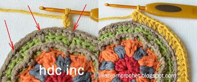 Attach yarn in 1st hdc of rnd 7 (BL) that comes after any hdc inc. Work this rnd in BL! Note: dc4tog s of this rnd are always made in sc s of 6 which were made in sps between dc s.