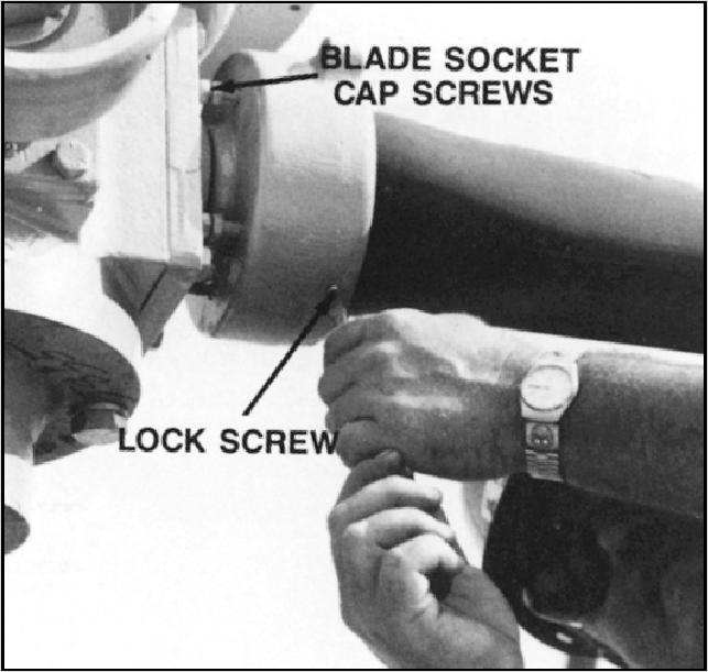 Install lock screw into each retainer ring half. Hold ring in place with screwdriver while tightening screws (See Figure 10). Hand tightens the blade socket cap screws. DO NOT TIGHTEN JAM NUTS.