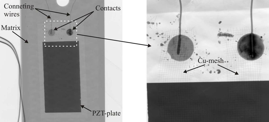 with the PZT-plate by the flexible copper mesh. The dark spots in the area of the contacts are spillings of the soldering joints. The time of appearance of these spillings is not known up to now. Fig.
