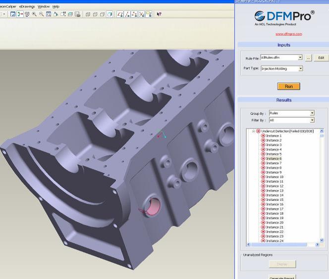 Figure 9: Identifying all areas in a casting which require draft using DFMPro [8].