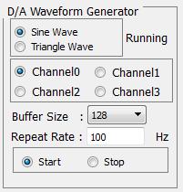 6.1 Start Waveform Generator Select the waveform type as Sine wave or Triangle wave as required. Select the channel number as required. Select the buffer size from the list as required.