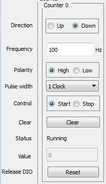 Example: Configure counter 0 with 100Hz frequency, high polarity and pulse width as 1 clock Click the Start button and the oscilloscope image below is displayed.