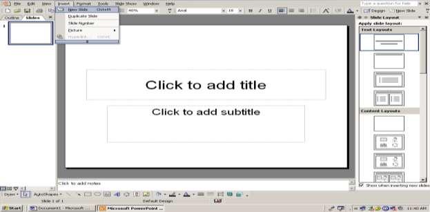 3 Step-by-Step 1. Open Microsoft PowerPoint software 2. Open a Title Slide by clicking Insert and New Slide, or click Format, click Slide Layout, and select Title Slide a.