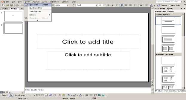 4 4. For a new slide, click Insert, New Slide, and then select the Title