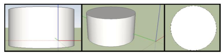 Fig 1 Three views of a cylinder: front view, isometric view, and top view. being constructed and color codes when the user is in close proximity to one of these special types of lines.